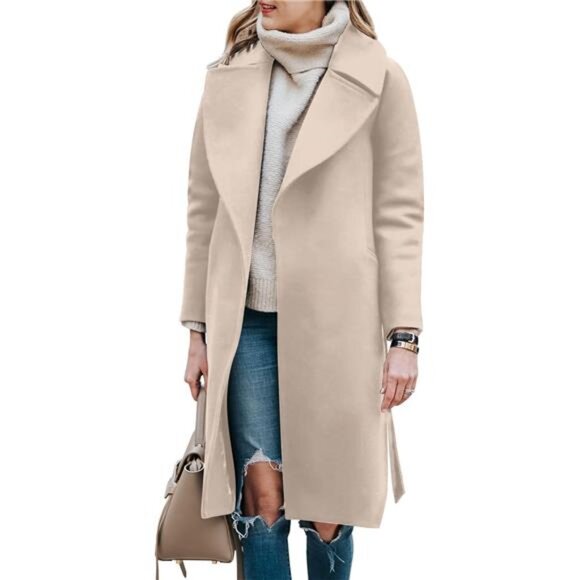 Women's Trench Coat Long Jacket Outerwear Beige - Picture 1 of 6